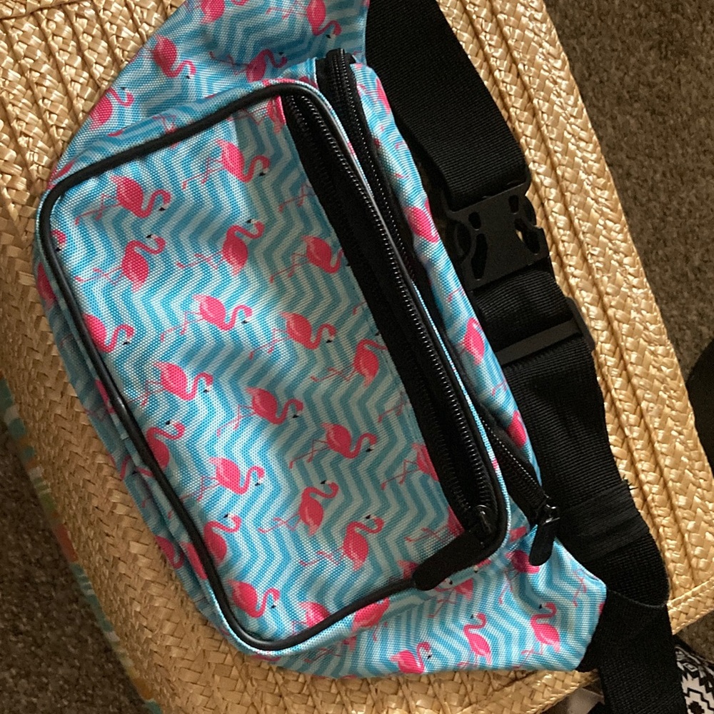 Sojourner Bags Flamingo Print Blue Chevron Waist Bag